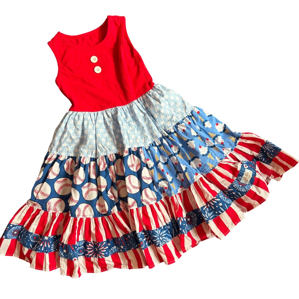 Tabitha Twinkle Josephine Dress Girls Size 5/6 Red Americana Baseball Patriotic